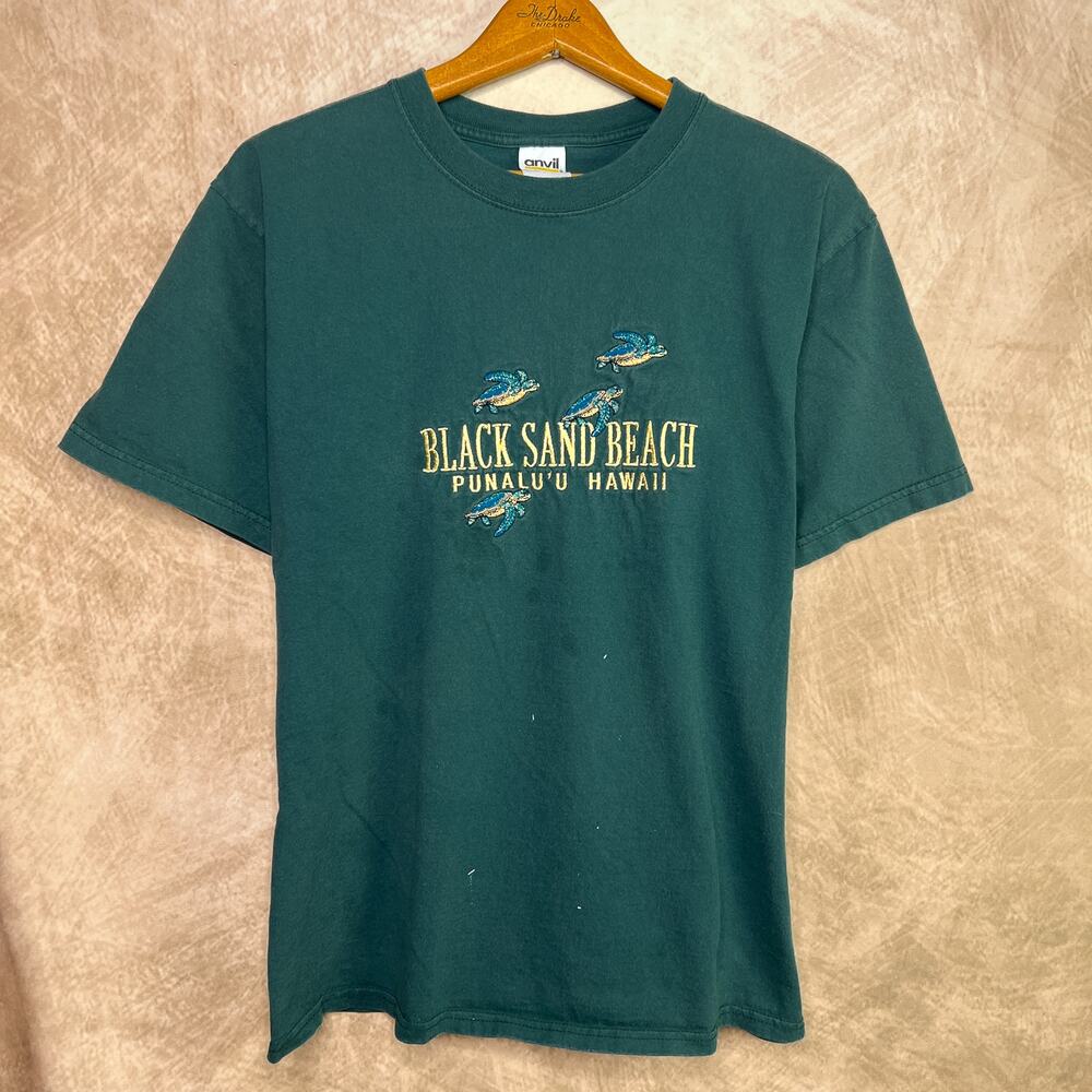 Y2K Turtle T-Shirt Embroidered Hawaii Green Short Sleeve Tropical Vacation Beach